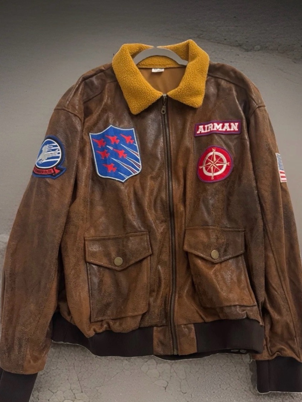 Men's Brown Bomber Jacket with Yellow Shearling Collar, Patch Style XL